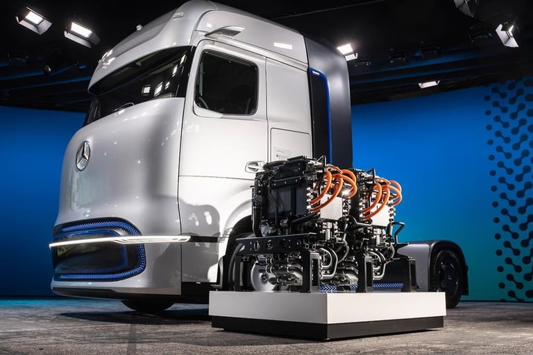 Mercedes-Benz GenH2 fuel cell truck with exposed engine displayed on platform against blue background
